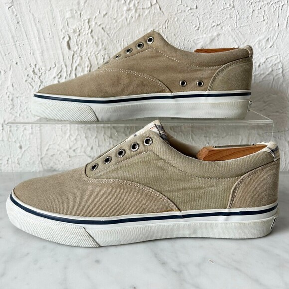 Sperry Top-Sider Tan Canvas Laceless Slip-On Sneakers Plaid Trim Men's 9.5 - Picture 2 of 7